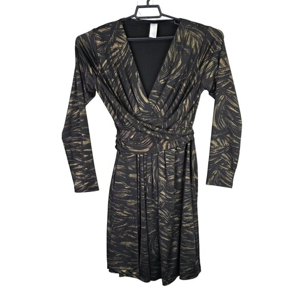 Womens Black & Gold Faux Wrap Dress Long Sleeve Tie-Back Waist Polyester Size L - Picture 1 of 6